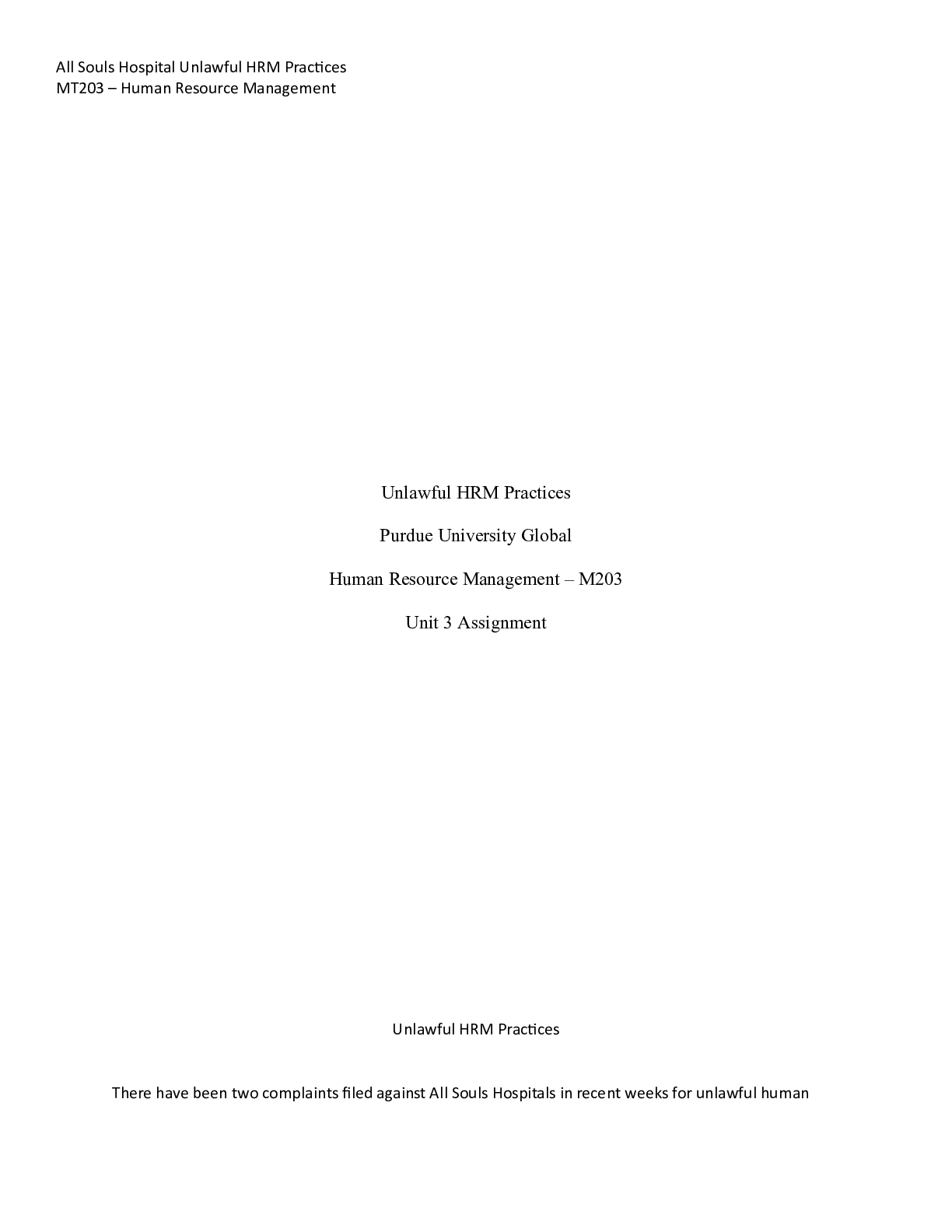 Preview image for M230 HRM Unit 3 Assignment.docx    Unlawful HRM Practices  Purdue University Global  Human